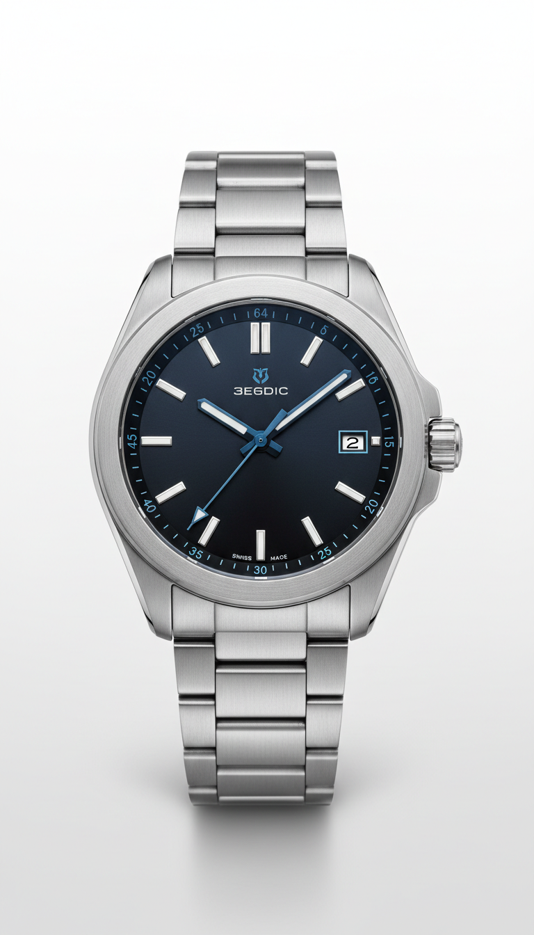 Dual-time steel sport watch with integrated bracelet